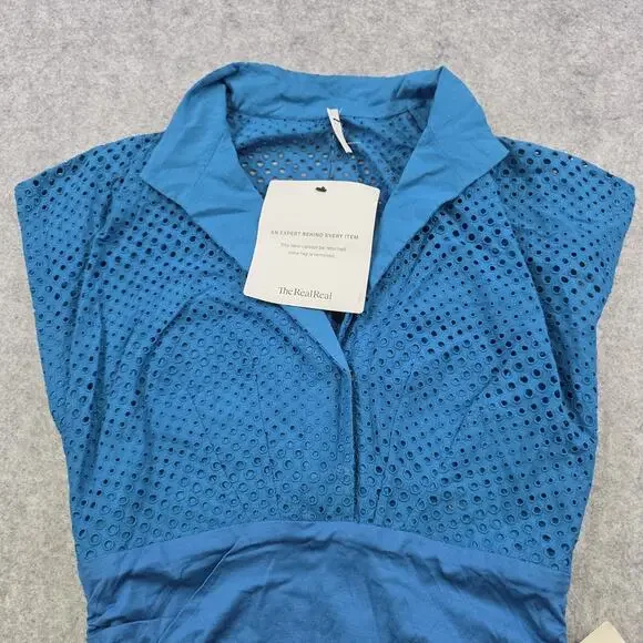 Akris Punto Blouse Womens 12 Blue Eyelet‎ Collared Sleeveless Stretch Sheer NWT
